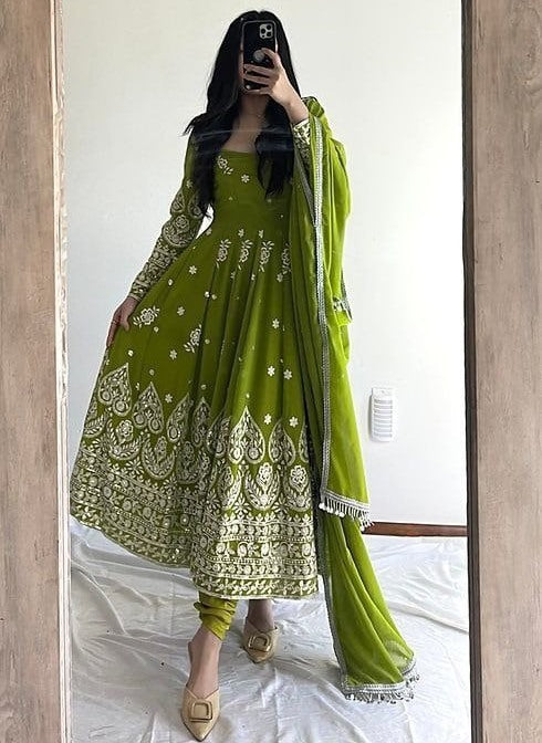 Green georgette heavy embroidery work wedding anarkali suit