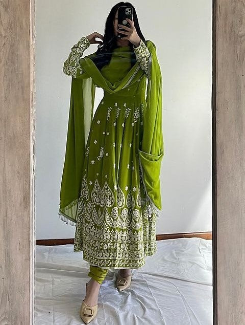 Green georgette heavy embroidery work wedding anarkali suit