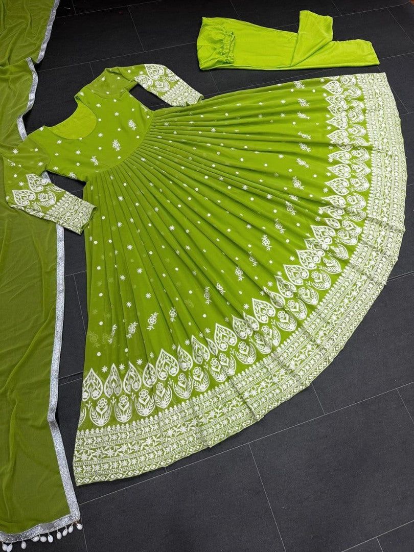 Green georgette heavy embroidery work wedding anarkali suit