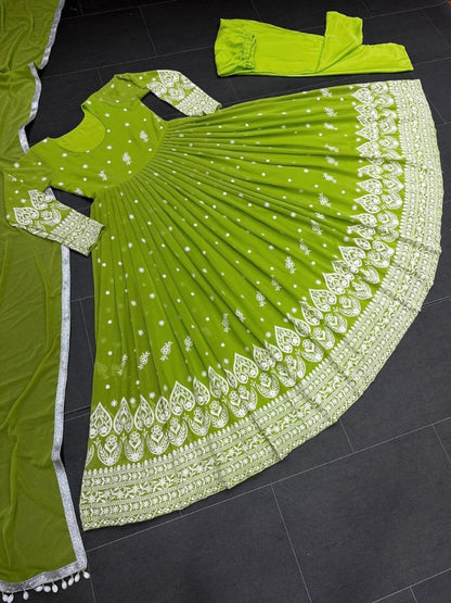 Green georgette heavy embroidery work wedding anarkali suit