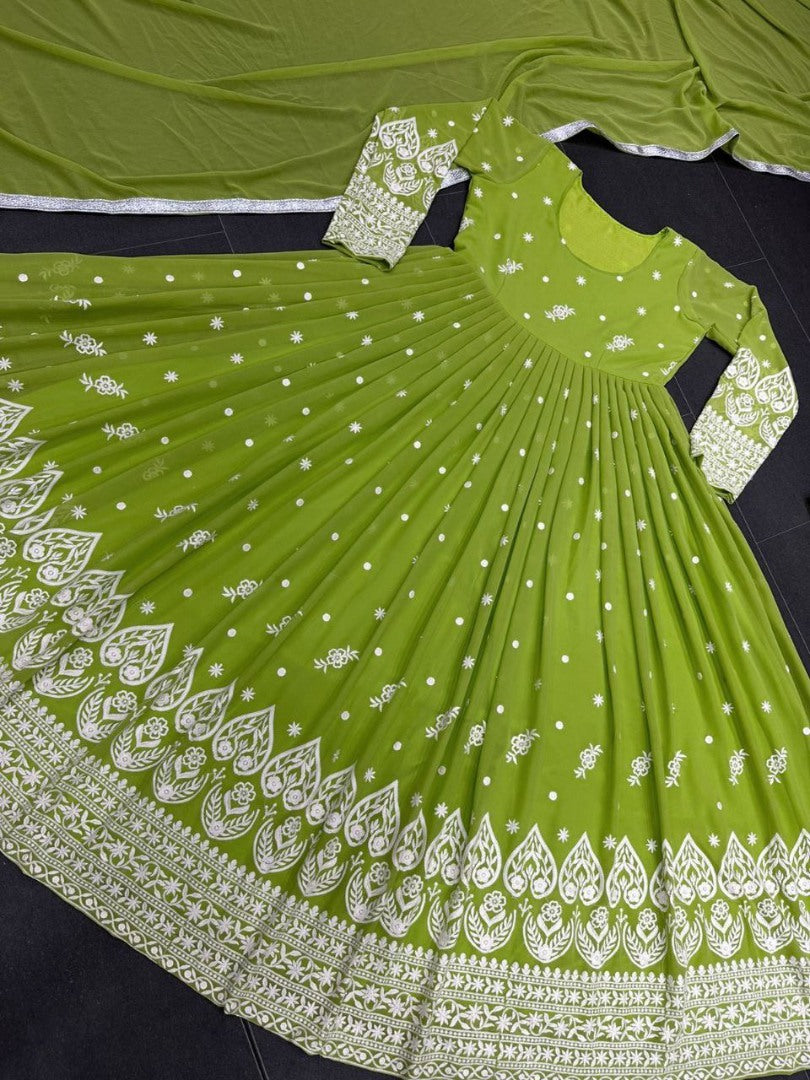 Green georgette heavy embroidery work wedding anarkali suit