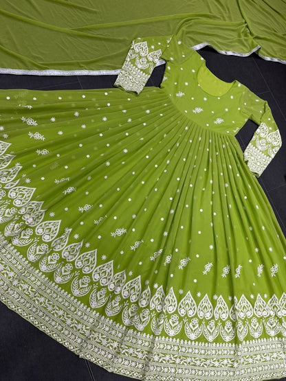 Green georgette heavy embroidery work wedding anarkali suit