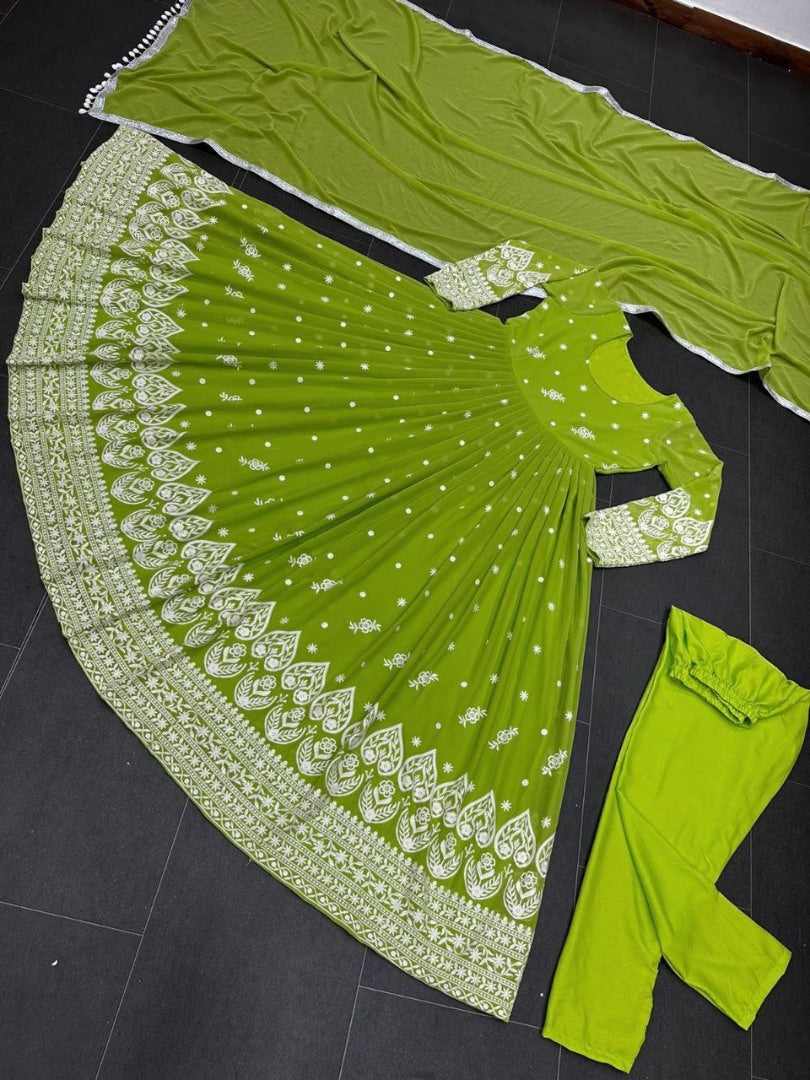 Green georgette heavy embroidery work wedding anarkali suit