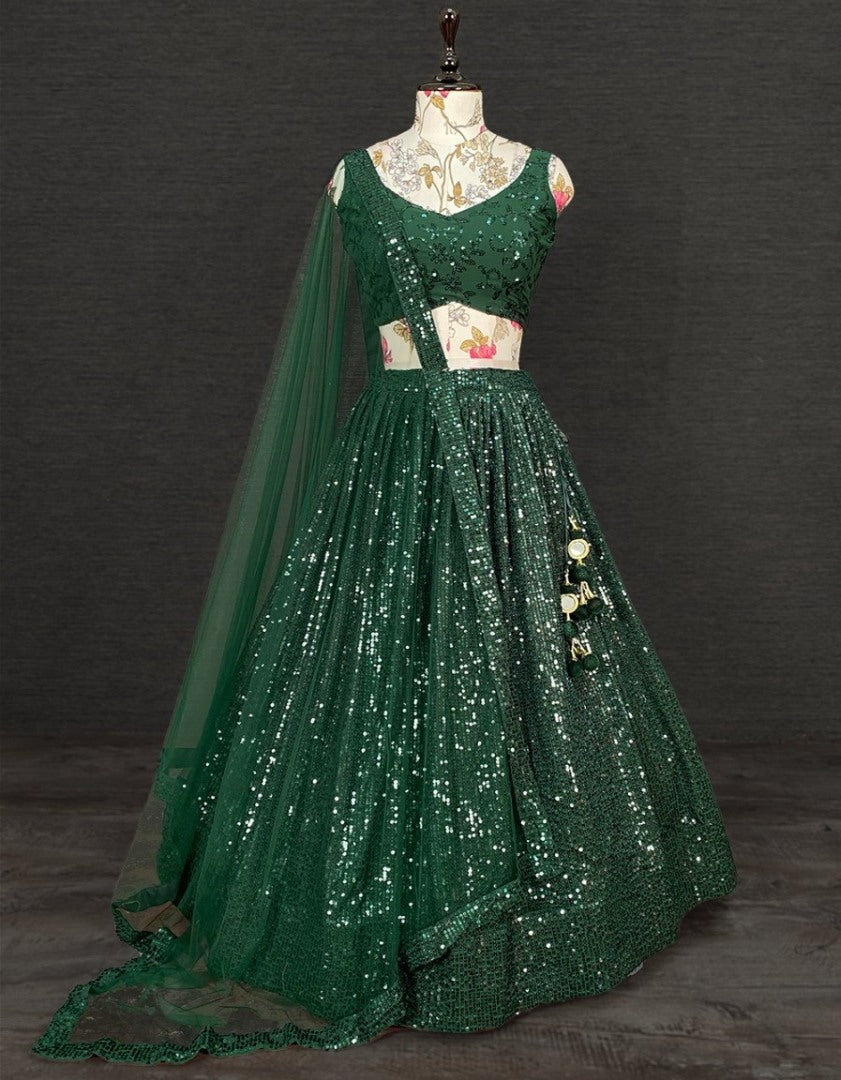 Green georgette heavy sequins and thread work party wear lehenga choli