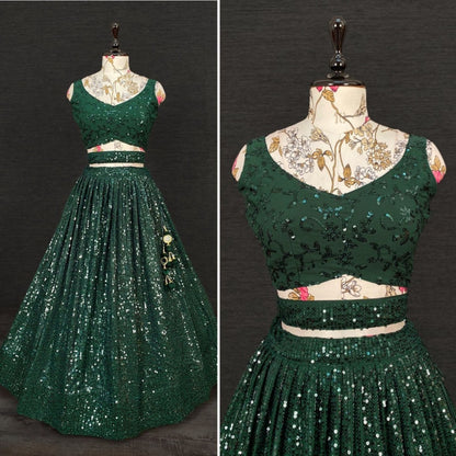 Green georgette heavy sequins and thread work party wear lehenga choli
