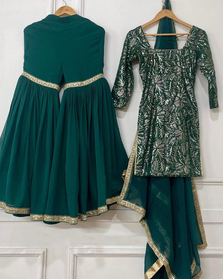 Green georgette heavy thread sequence work sharara suit
