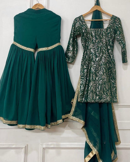 Green georgette heavy thread sequence work sharara suit