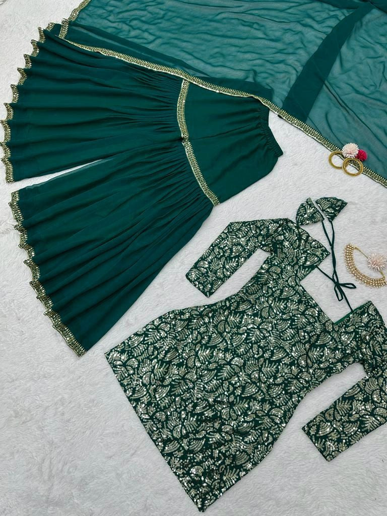 Green georgette heavy thread sequence work sharara suit