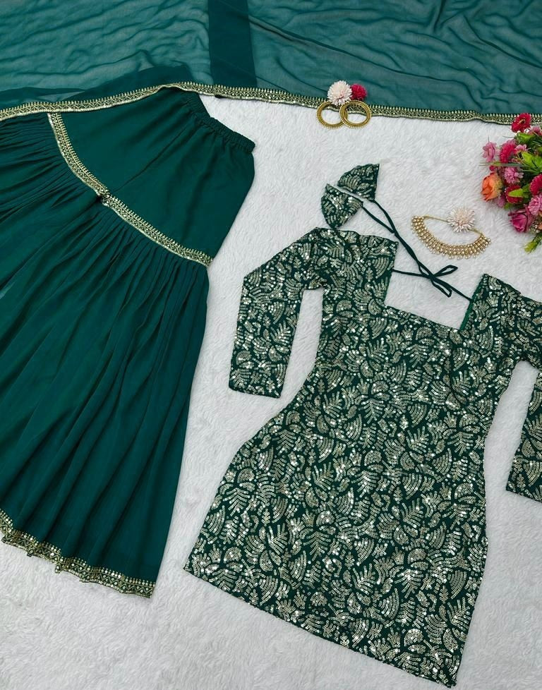Green georgette heavy thread sequence work sharara suit