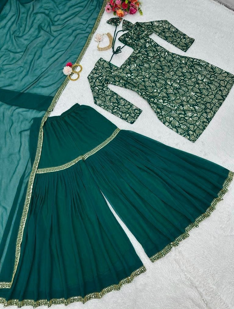 Green georgette heavy thread sequence work sharara suit