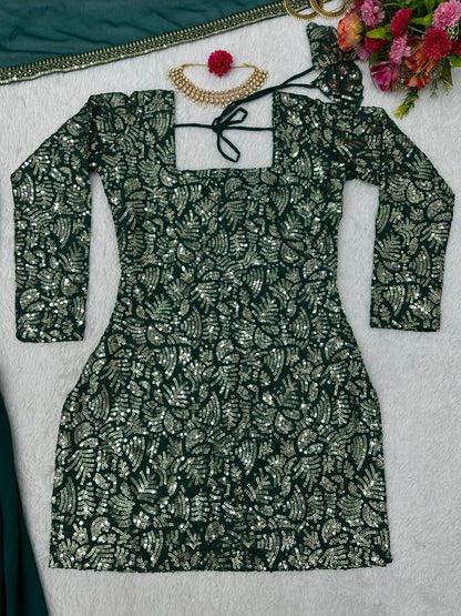 Green georgette heavy thread sequence work sharara suit