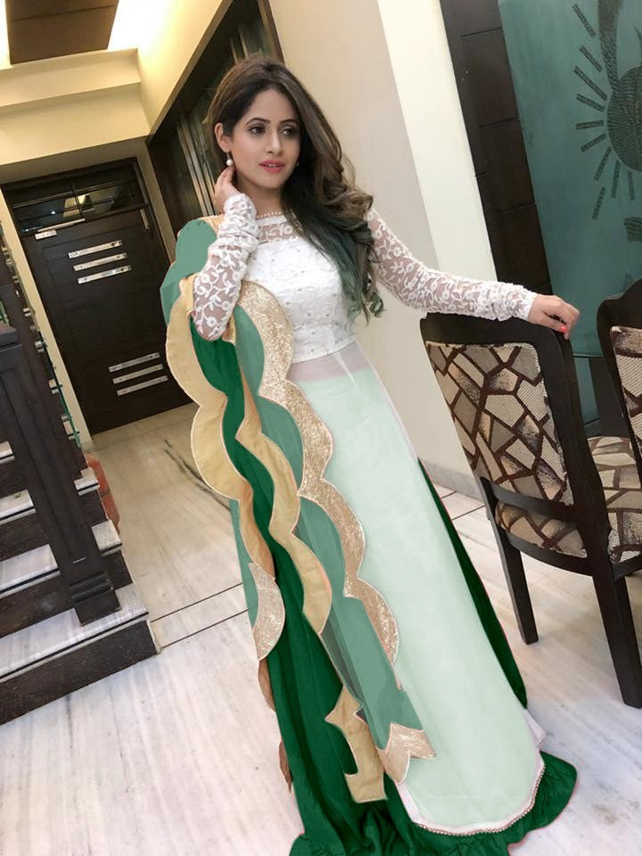 Green georgette lehenga with white long top lehenga suit