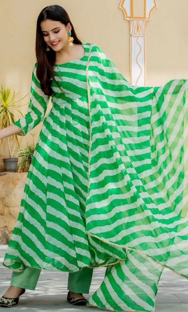 Green georgette leheriya printed anarkali suit