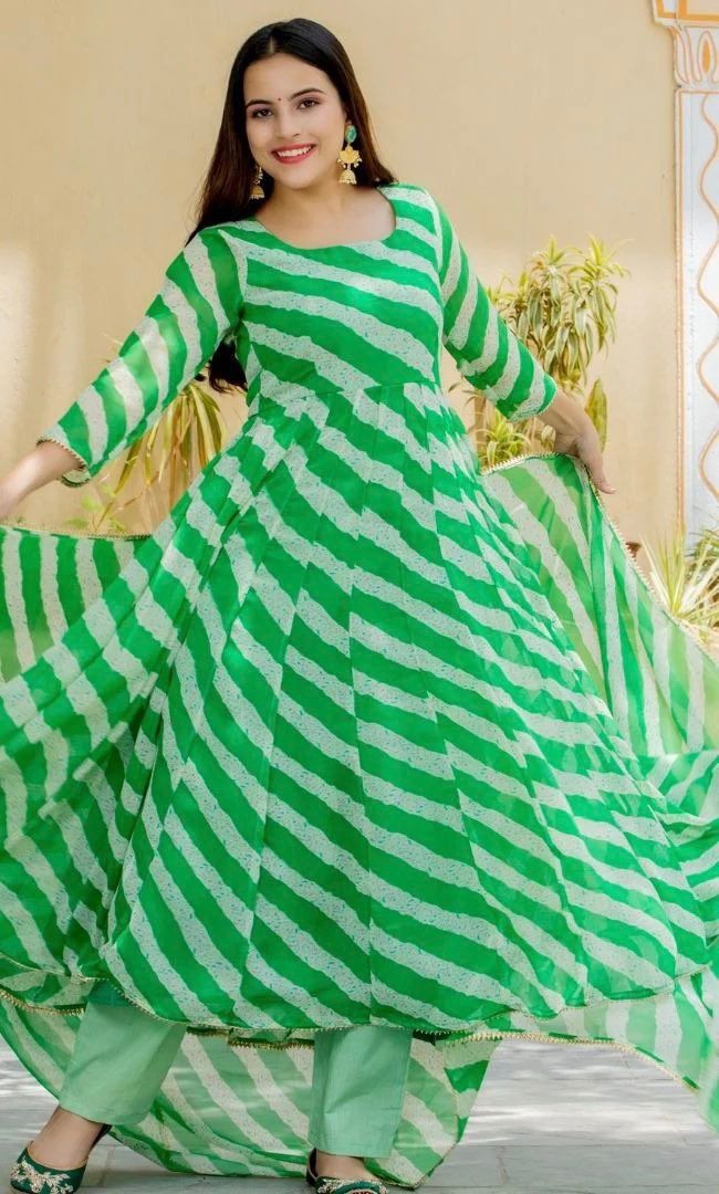 Green georgette leheriya printed anarkali suit