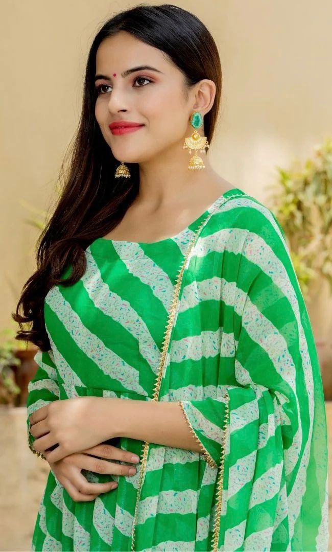 Green georgette leheriya printed anarkali suit