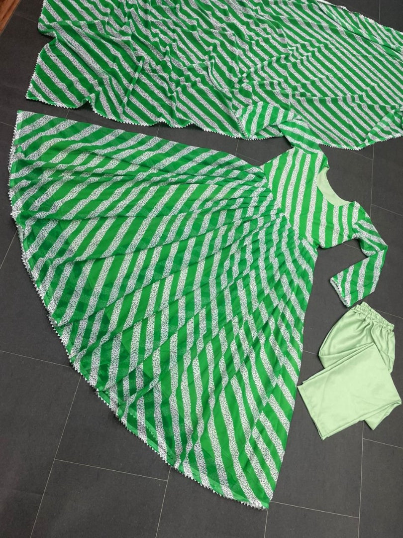 Green georgette leheriya printed anarkali suit