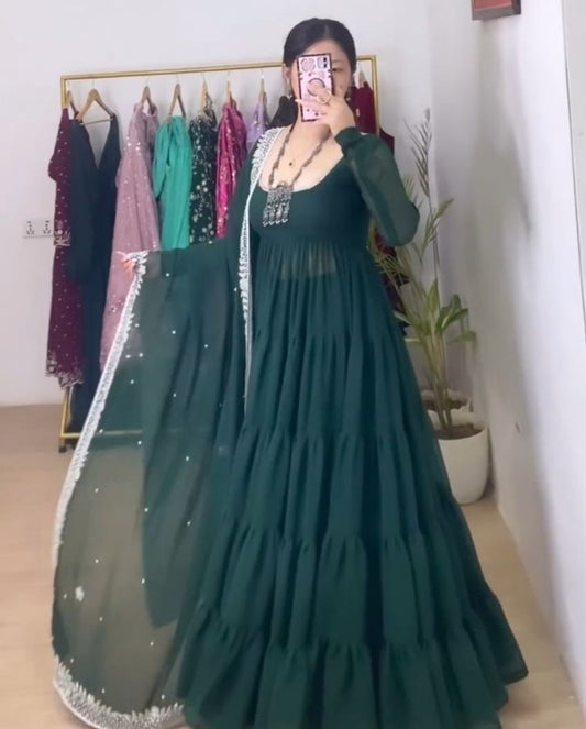 Green georgette long plain gown