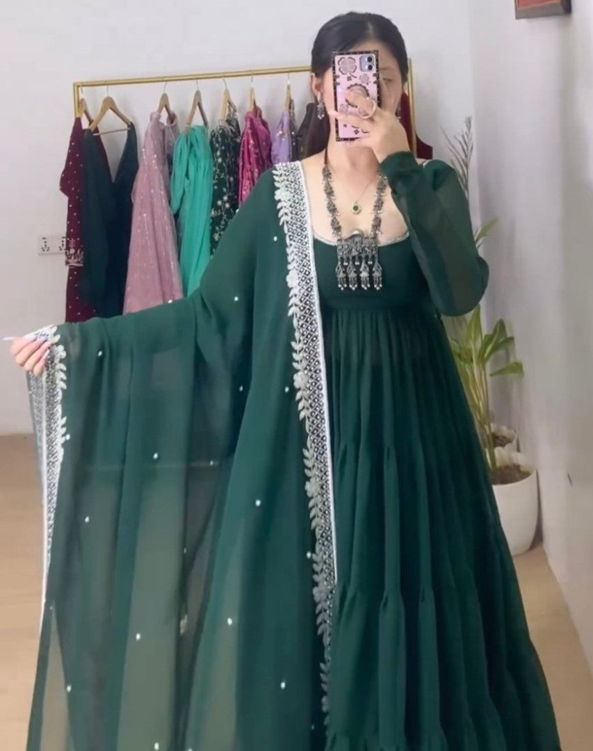Green georgette long plain gown