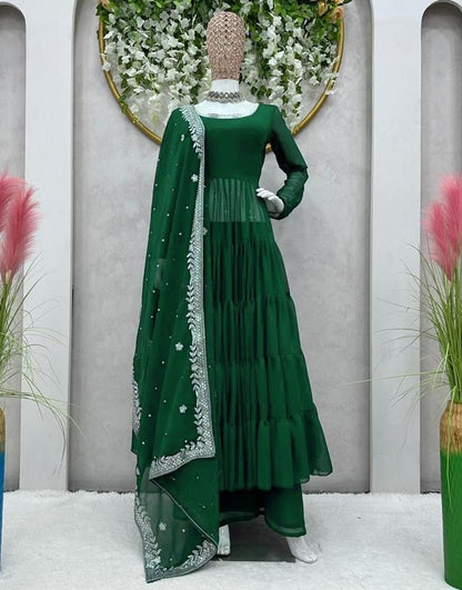 Green georgette long plain gown