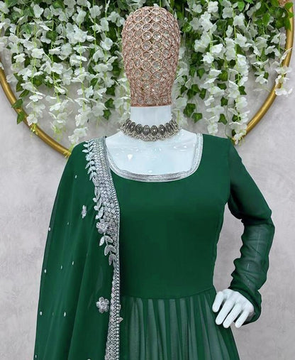 Green georgette long plain gown