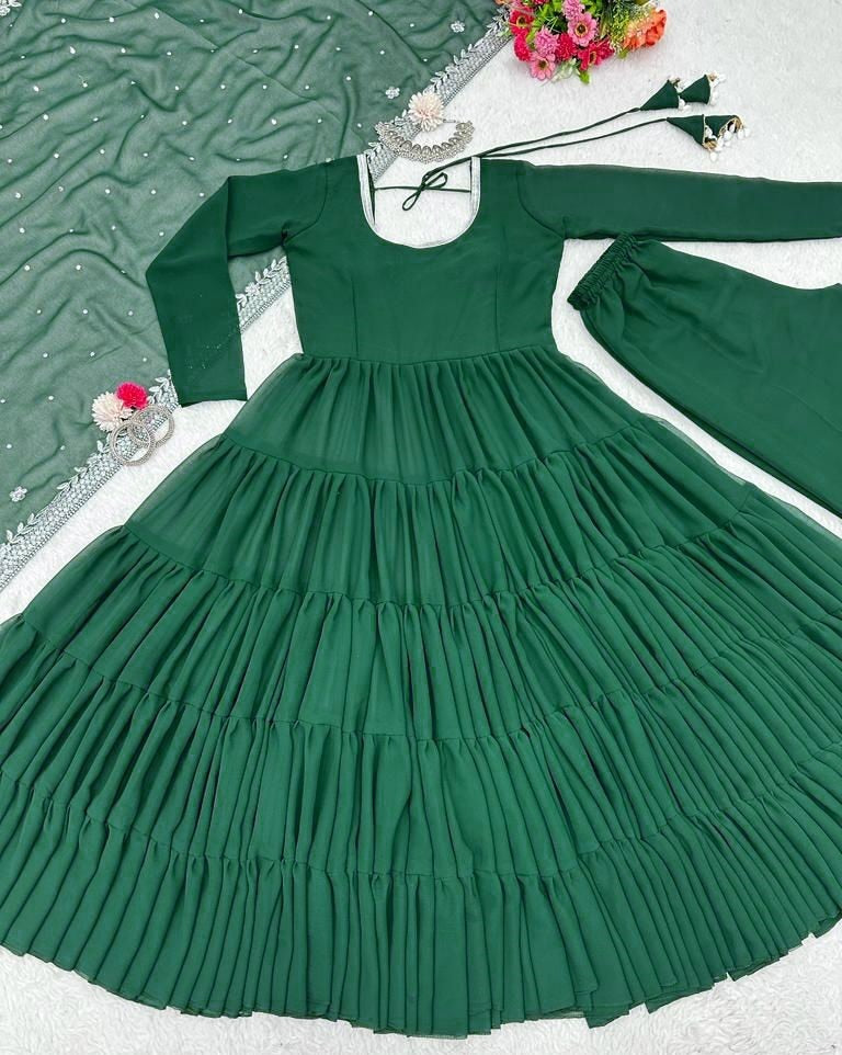 Green georgette long plain gown