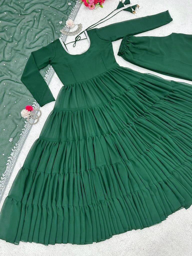 Green georgette long plain gown
