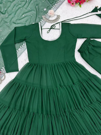 Green georgette long plain gown