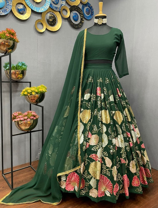 Green georgette multi heavy thread work wedding lehenga choli