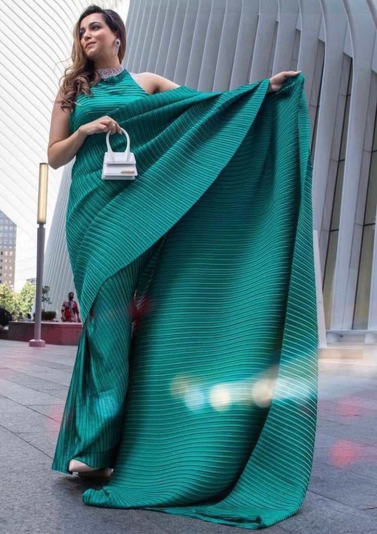 Green georgette pleated partywear saree
