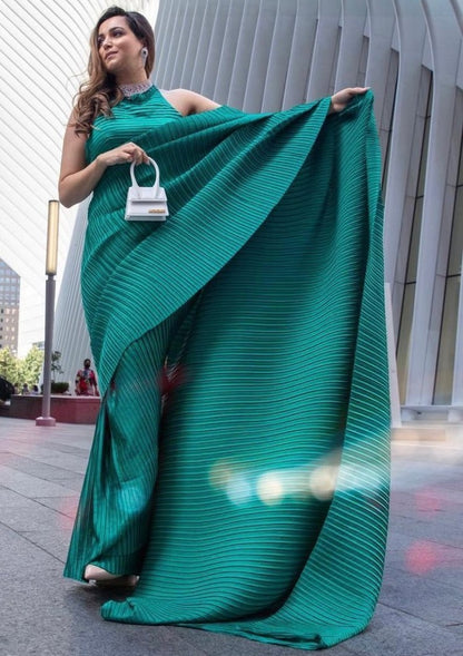 Green georgette pleated partywear saree