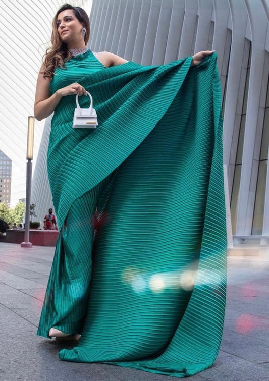 Green georgette pleated partywear saree