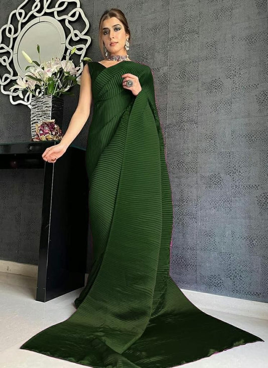 Green georgette pleated partywear saree