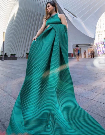 Green georgette pleated partywear saree