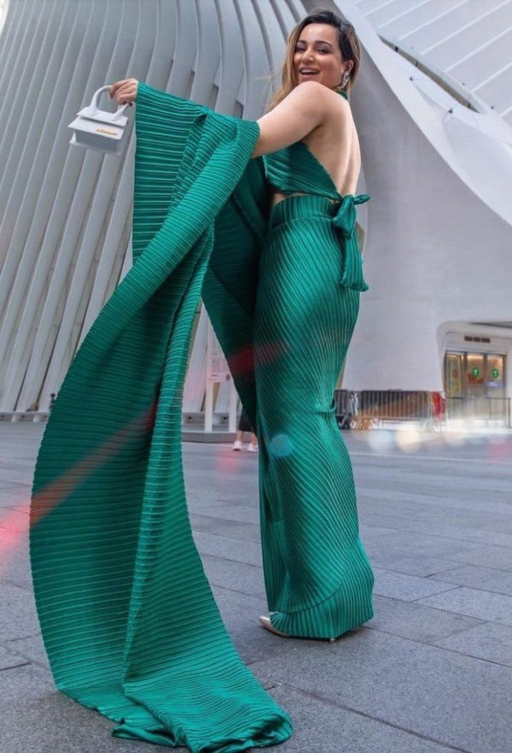 Green georgette pleated partywear saree