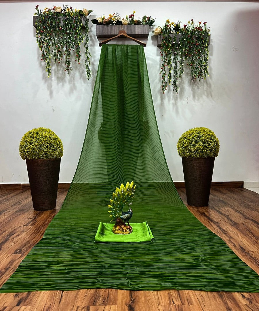 Green georgette pleated partywear saree