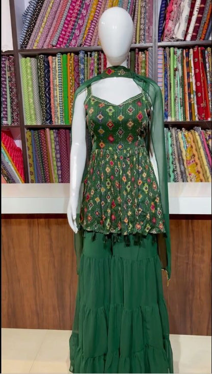 Green georgette print and embroidered sharara salwar suit