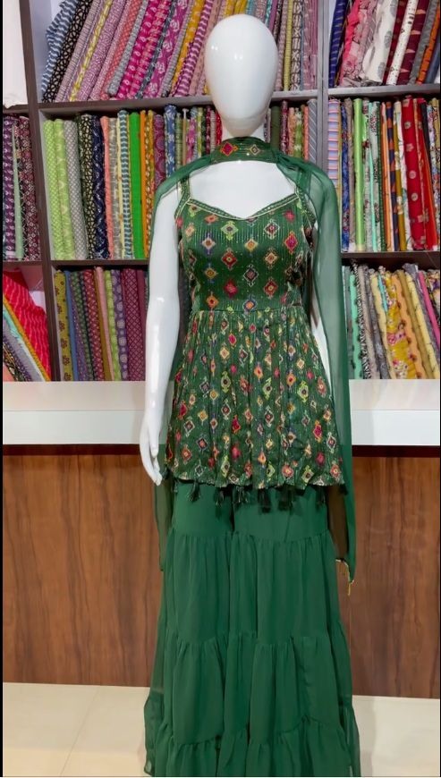 Green georgette print and embroidered sharara salwar suit