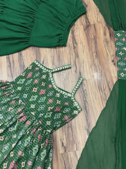 Green georgette print and embroidered sharara salwar suit