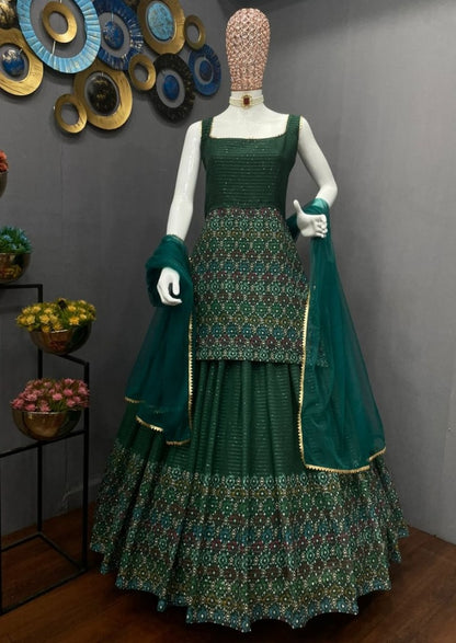 Green georgette print and sequence work lehenga suit for function