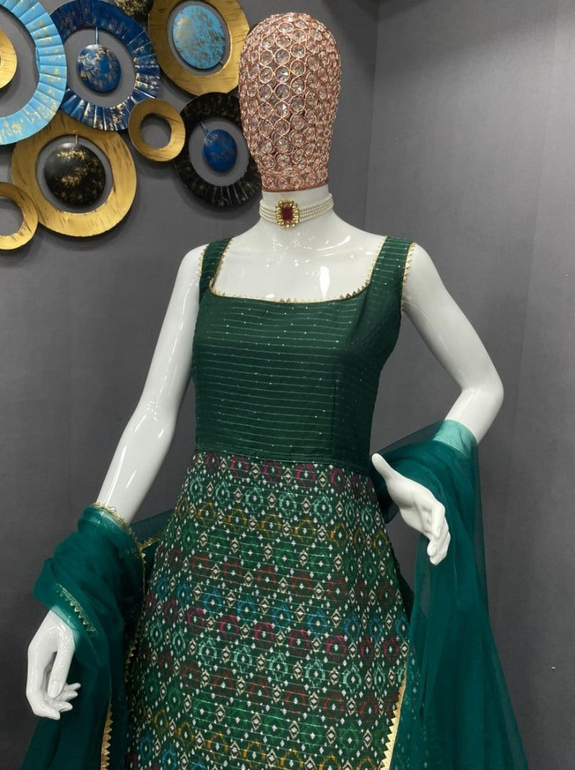 Green georgette print and sequence work lehenga suit for function