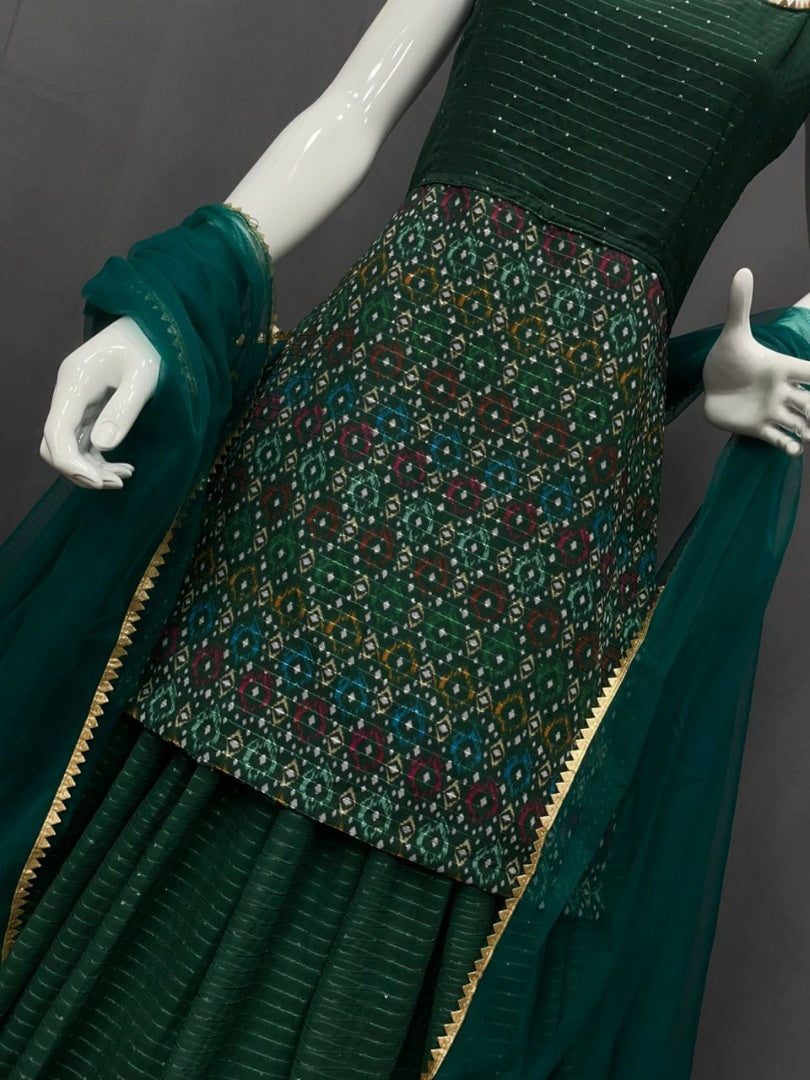 Green georgette print and sequence work lehenga suit for function