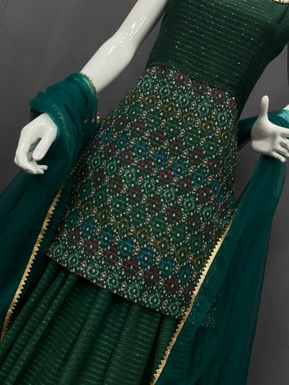 Green georgette print and sequence work lehenga suit for function