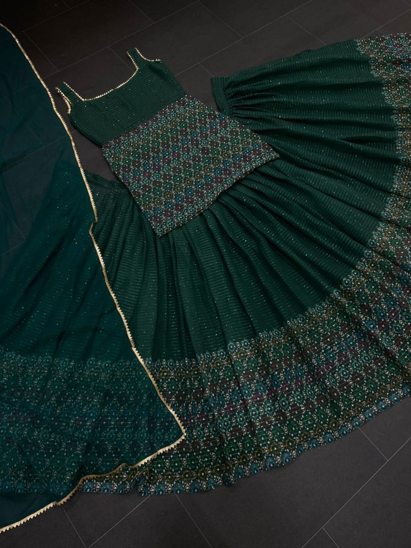 Green georgette print and sequence work lehenga suit for function