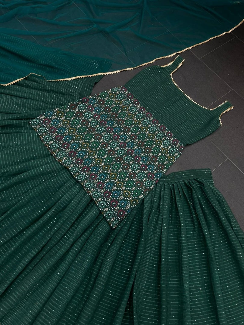 Green georgette print and sequence work lehenga suit for function