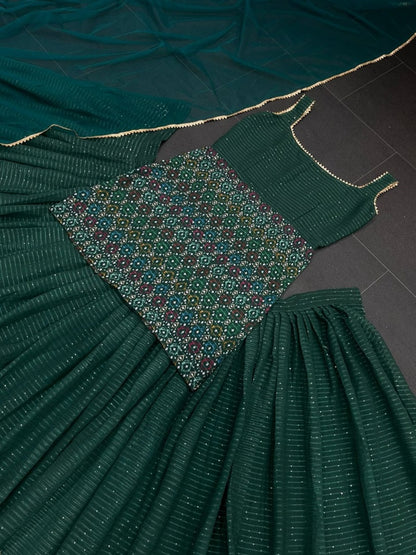 Green georgette print and sequence work lehenga suit for function