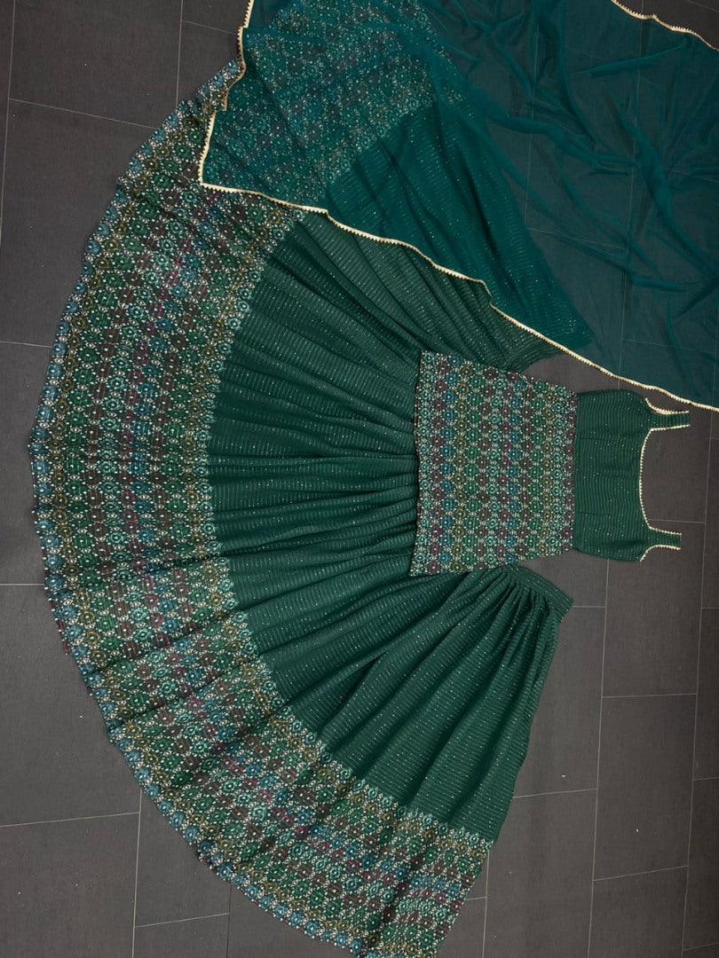 Green georgette print and sequence work lehenga suit for function