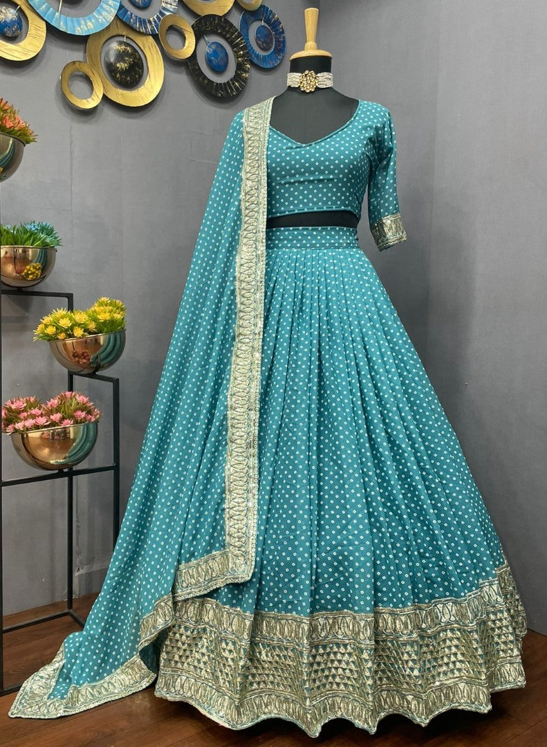 Green georgette printed and embroidered lehenga choli