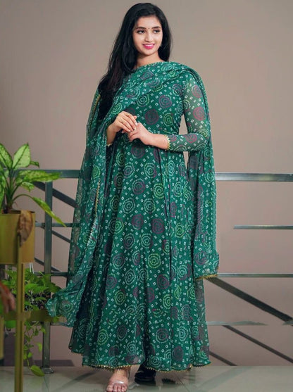 Green georgette printed casual wear anarkali suit