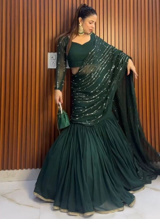 Green georgette ready to wear wedding lehenga saree