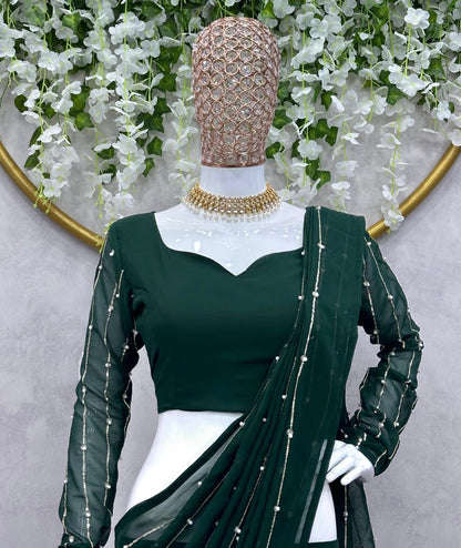 Green georgette ready to wear wedding lehenga saree